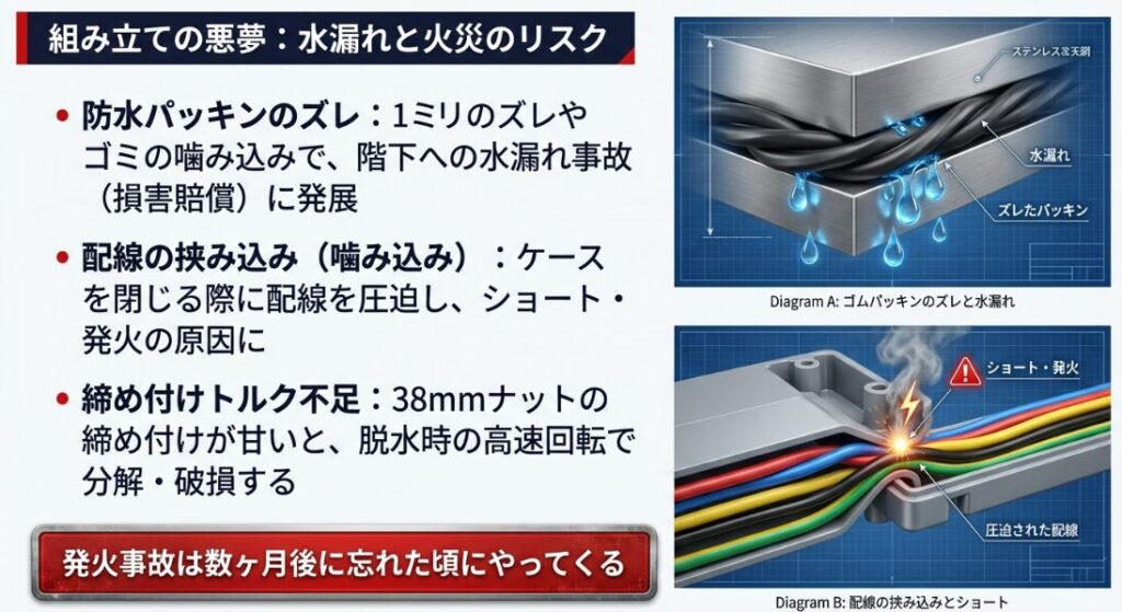 内部配線の噛み込みによる基板ショートと発火リスク
