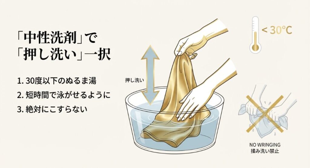 摩擦ゼロを目指す押し洗いと30度以下の水温管理