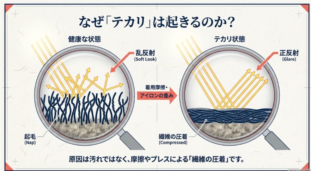 繊維の潰れが原因だったテカリをスチームで起こす方法