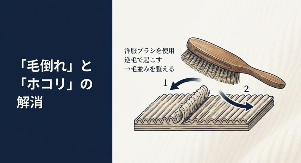 逆目ブラッシングで潰れたパイルのテカリを復活させる