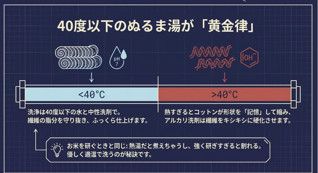 40度以下の水と中性洗剤で生地の「キシみ」と色落ちを防ぐ