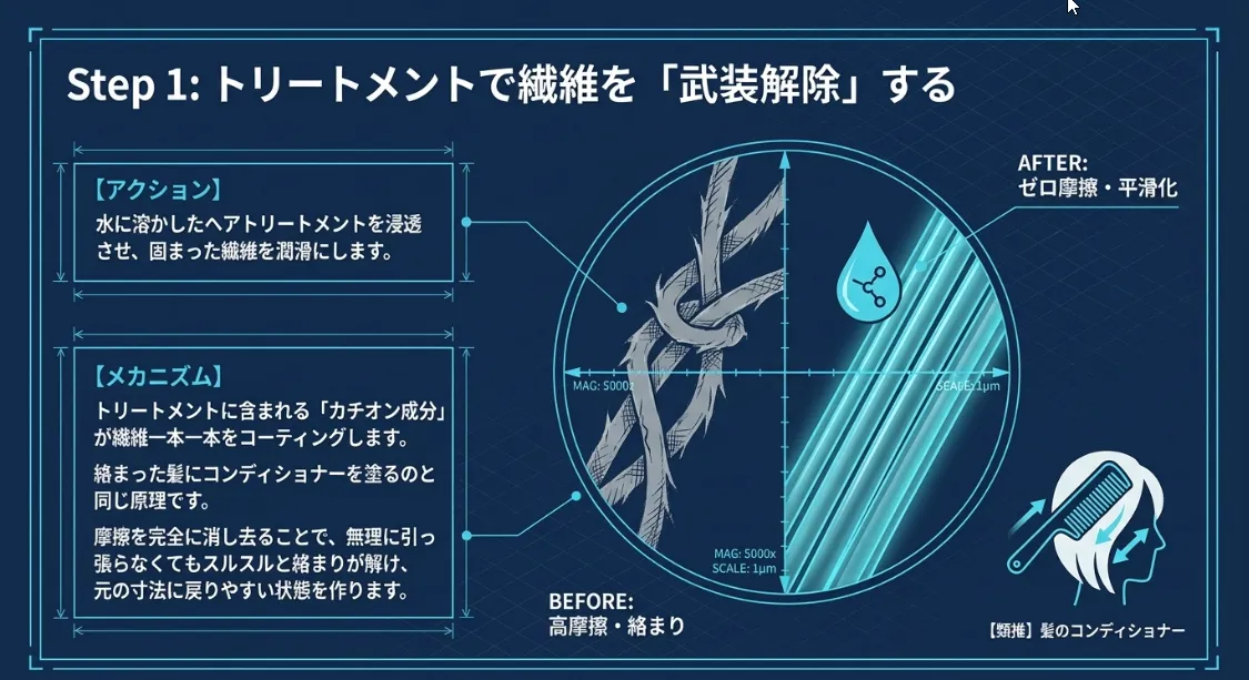 【復活術①】トリートメントで固まった繊維の「武装解除」を