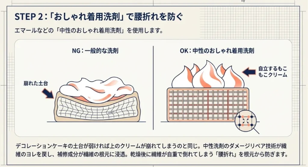 おしゃれ着用洗剤で繊維のコシを根元からサポートする