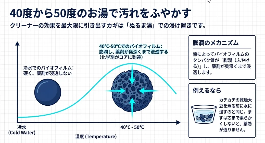 お湯の力で汚れをふやかす！40度から50度の「膨潤」テクニック