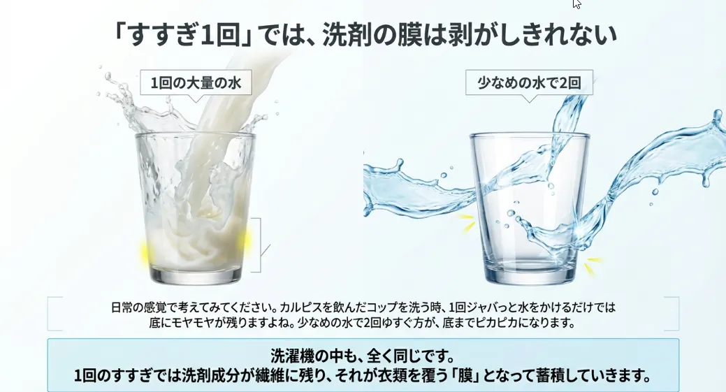 すすぎ2回こそが衣類を新品の軽さに戻す唯一の近道