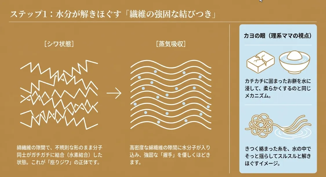 なぜ水だけで直る？繊維の「結合」をゆるめる物理の魔法