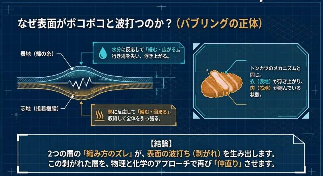 なぜ波打つの？接着芯の「熱収縮」と織り糸の「緩和」のズレ