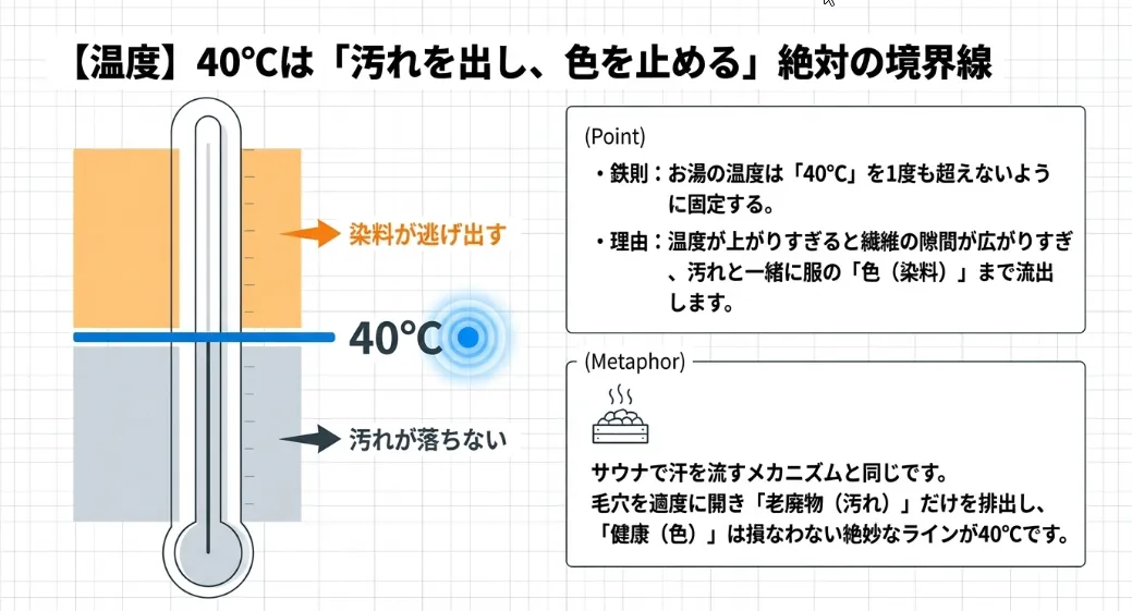 なぜ熱湯はダメ？温度が上がると染料の出口が広がるから