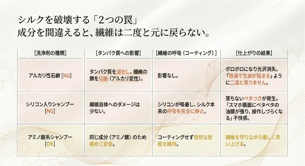 なぜ石鹸はダメ？「アルカリ変性」が大切な繊維を溶かす恐怖