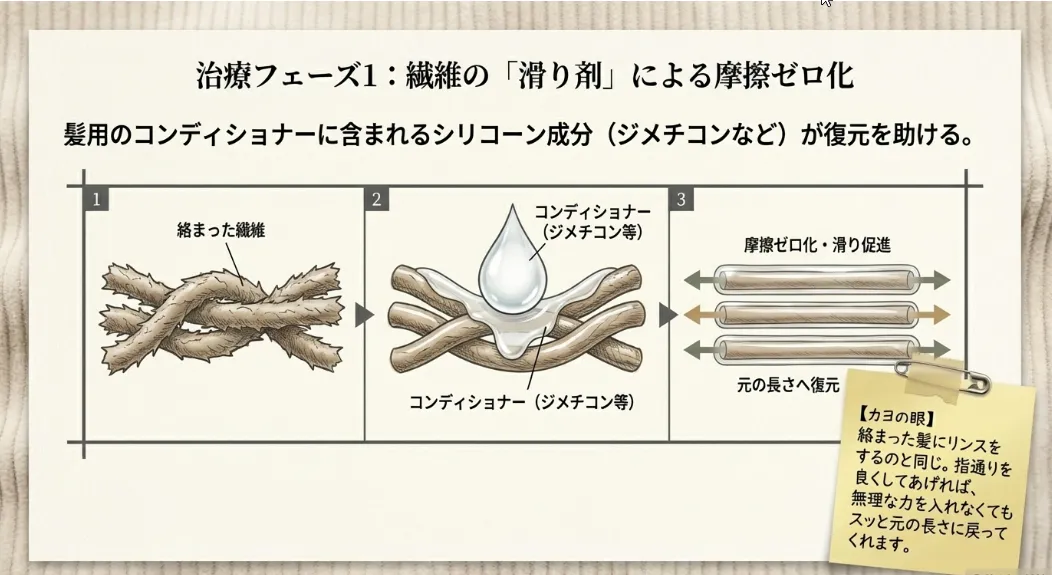まずは「髪のコンディショナー」で繊維の絡まりをほどく