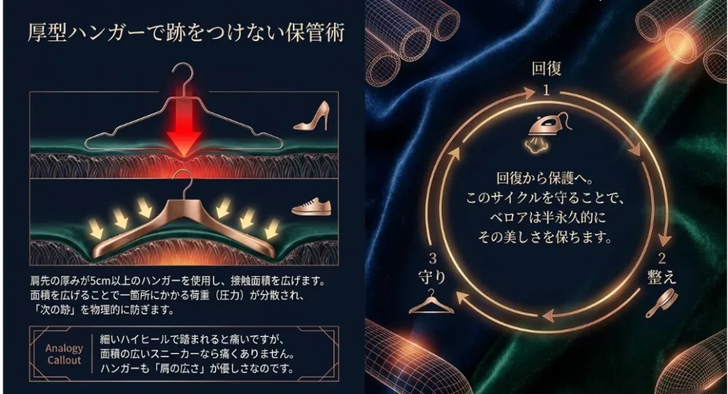もう跡をつけない！厚型ハンガーと湿度で守る一生モノの保管術