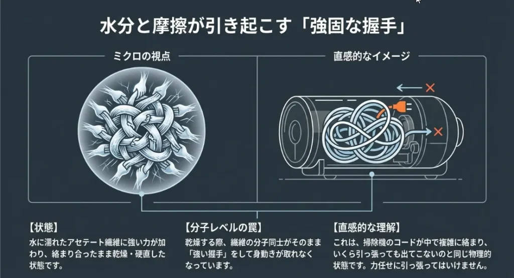 アセテートの縮みは「髪のトリートメント」と「蒸気」で戻る