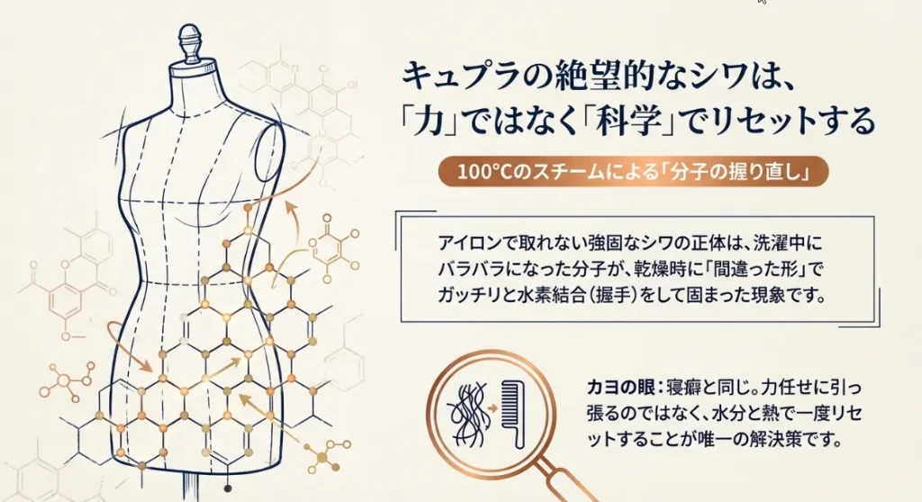 キュプラの頑固なシワは「分子の握り直し」で消える