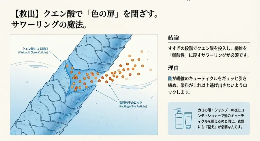 クエン酸の出番！開いた繊維を閉じて色をロックする