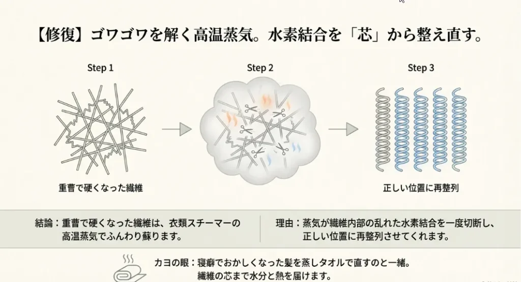 ゴワゴワは「蒸気」でほぐす！新品の柔らかさを取り戻す仕上げ術