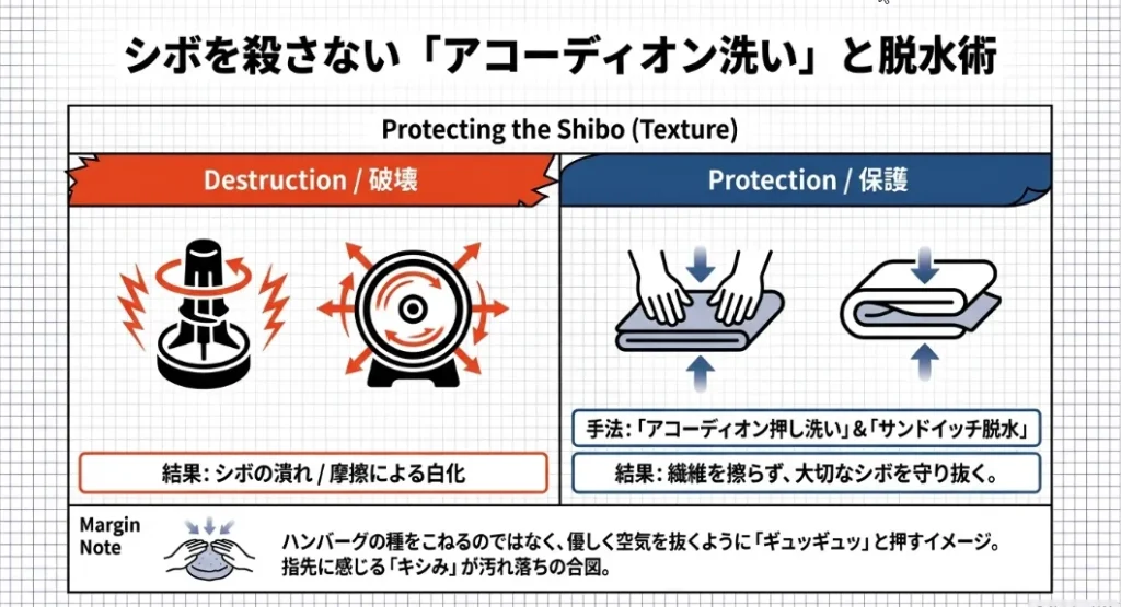 シボを守る「アコーディオン洗い」とタオル脱水の黄金手順