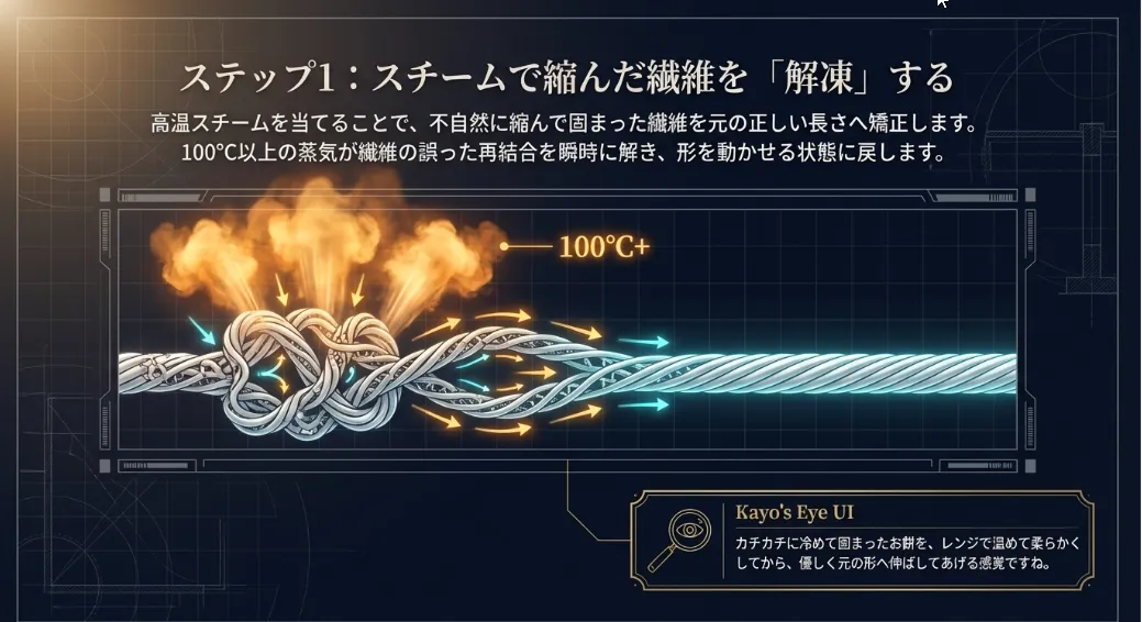 スチームで繊維の「手つなぎ」をリセットして、縮みをほどく