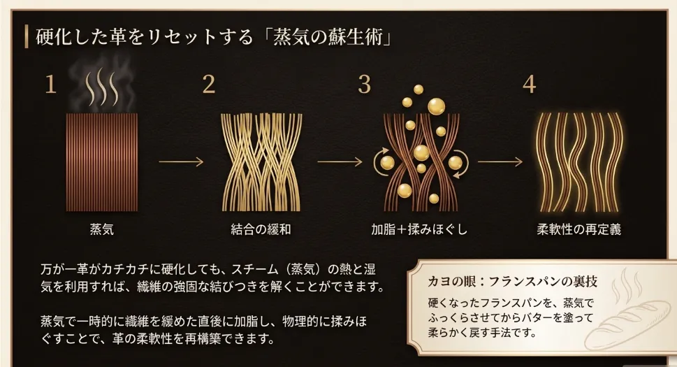 スチームの熱と湿気で「繊維の水素結合」を一時的に緩める