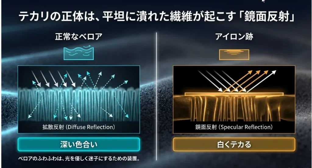 テカリの正体は光の反射が「鏡」に変わったからです