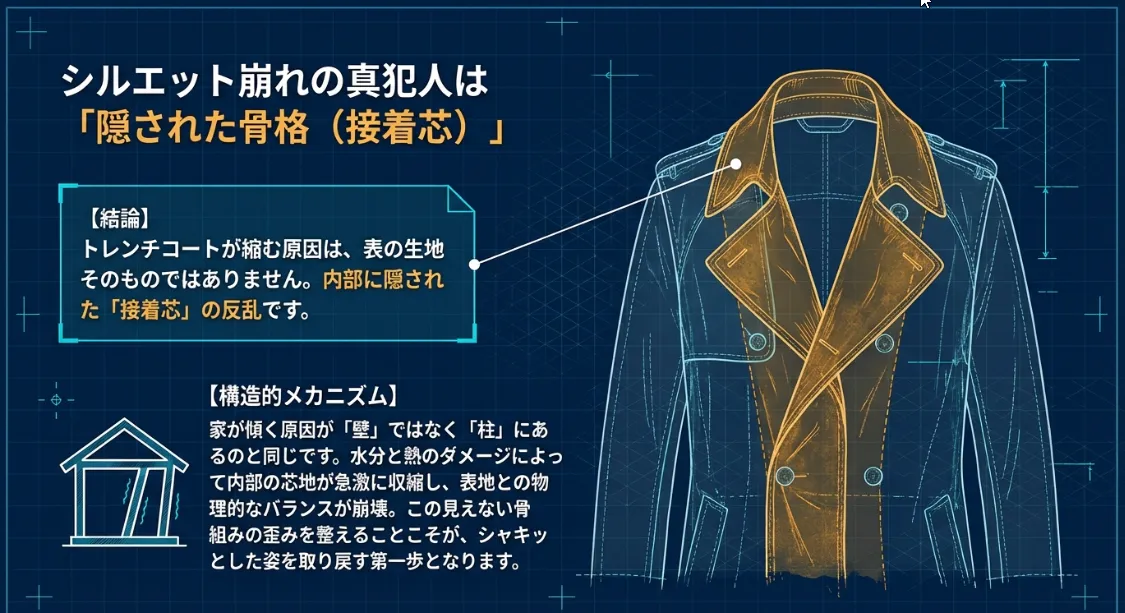 トレンチが縮む犯人は生地じゃない！内部の「接着芯」の仕業