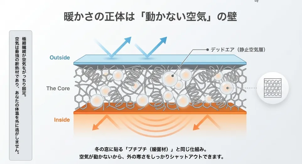 パフテックが暖かい秘密は「静止空気層」の保持力にある