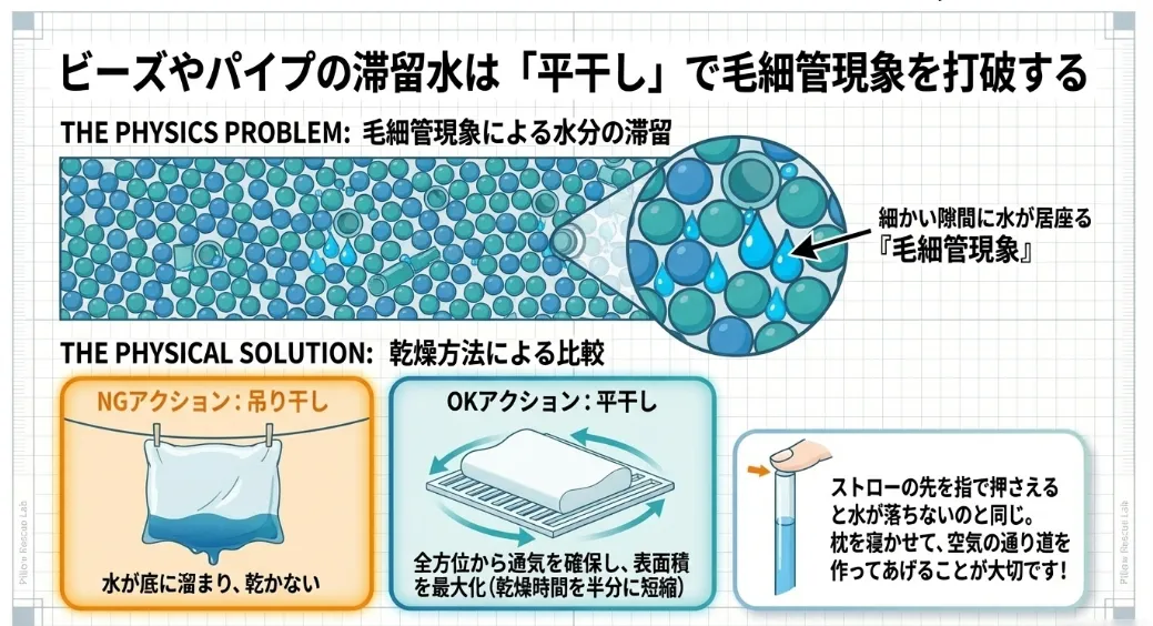ビーズ枕の内部汚染は「平干し」で物理的に回避