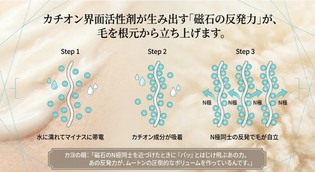 プラスの電気で毛を立たせる「カチオン」の魔法