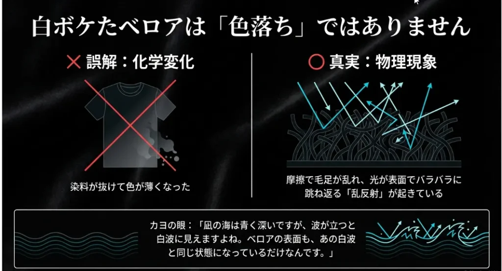 ベロアの白化は色落ちじゃない！光の反射を正せば黒は戻る