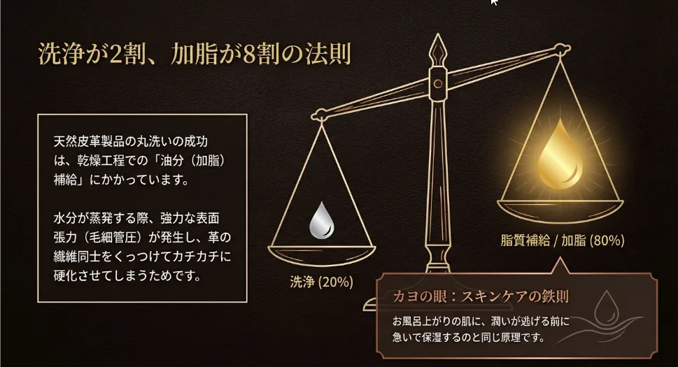 レザーの丸洗いは可能！成功の8割は「乾かしながらの油分補給」