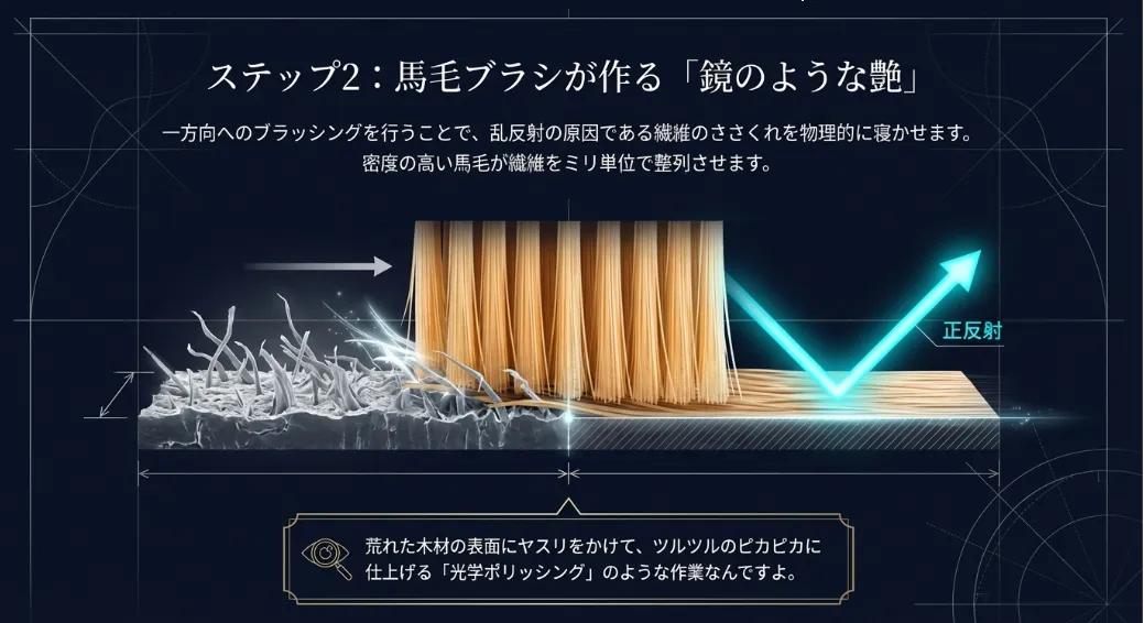 一方向へのブラッシングで、光を味方につける「鏡面反射」を作る