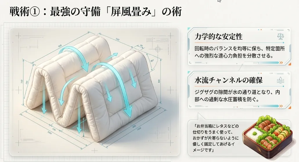 中綿を動かさない「屏風畳み」！水流を通しつつ形を守るコツ