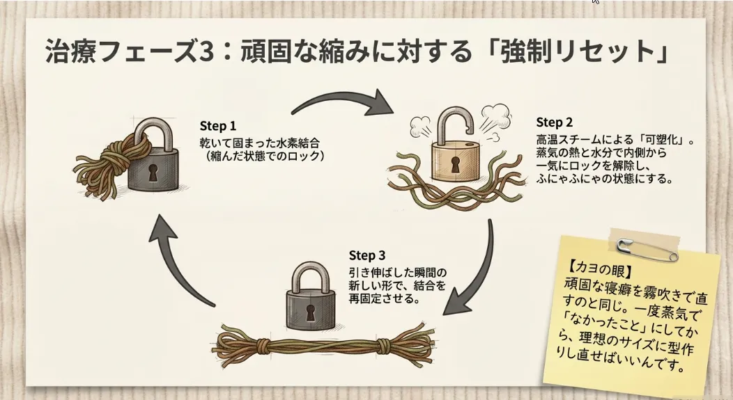 乾いた後の「頑固な縮み」にはスチームの圧力が効く！