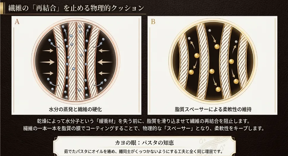 乾燥中の「加脂」こそが繊維の再結合を止める魔法の鍵