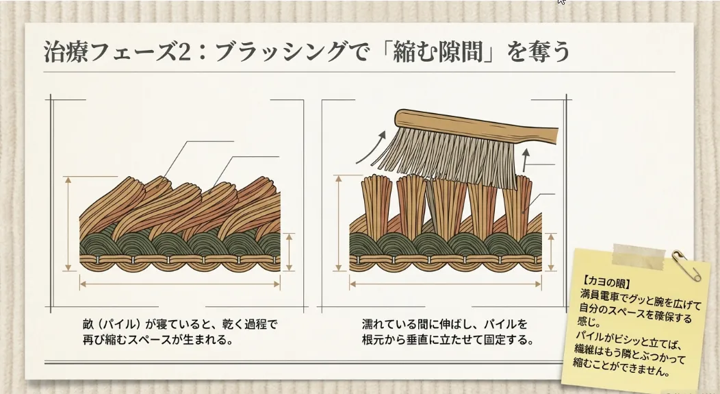 仕上げのブラッシングで畝を立たせて「縮む隙間」を消す