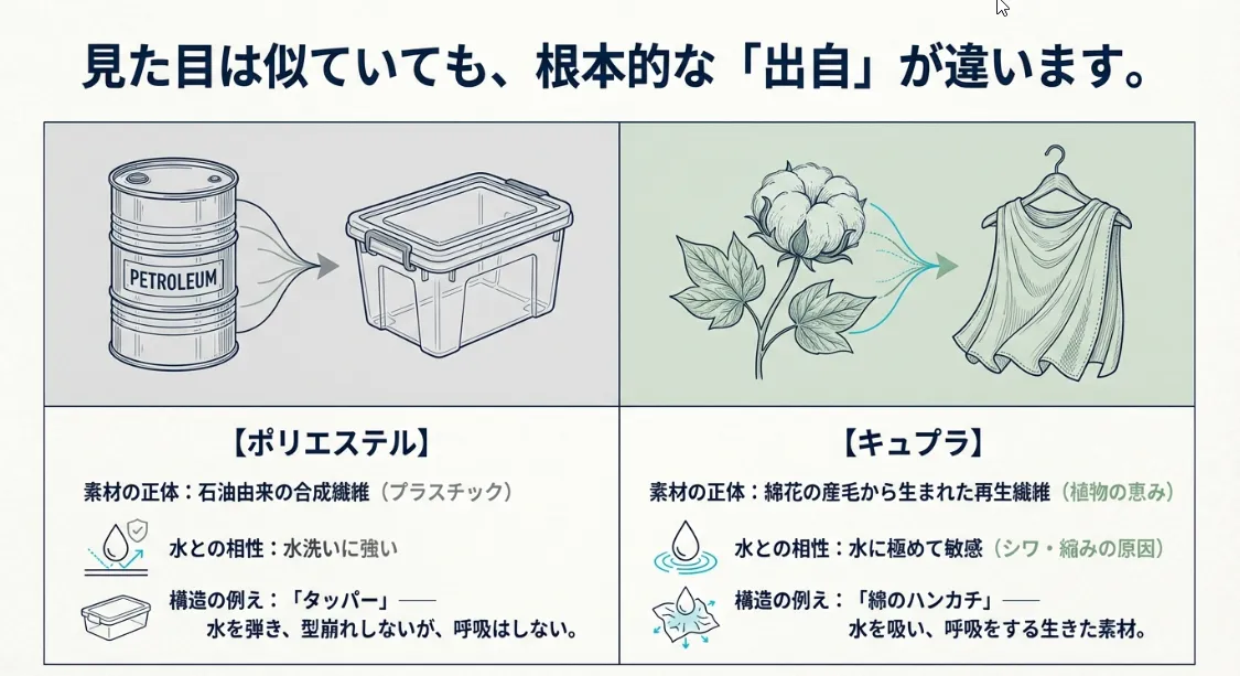 似て非なる裏地！ポリエステルは石油、キュプラは植物の恵み