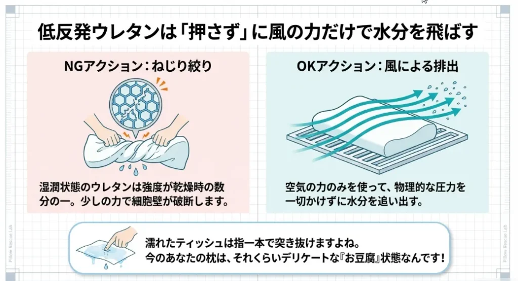 低反発ウレタンは「押さず」に除湿機で救う