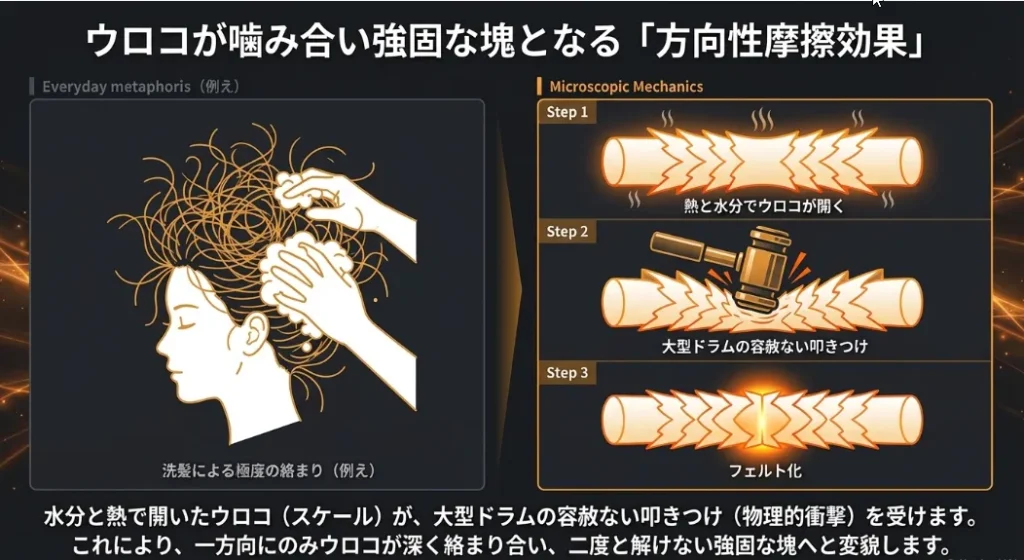 大型ドラムの衝撃が繊維のウロコを噛み合わせフェルト化させる