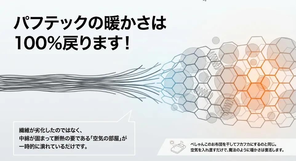 暖かくない理由は「中綿のダマ」による空気層の消失です