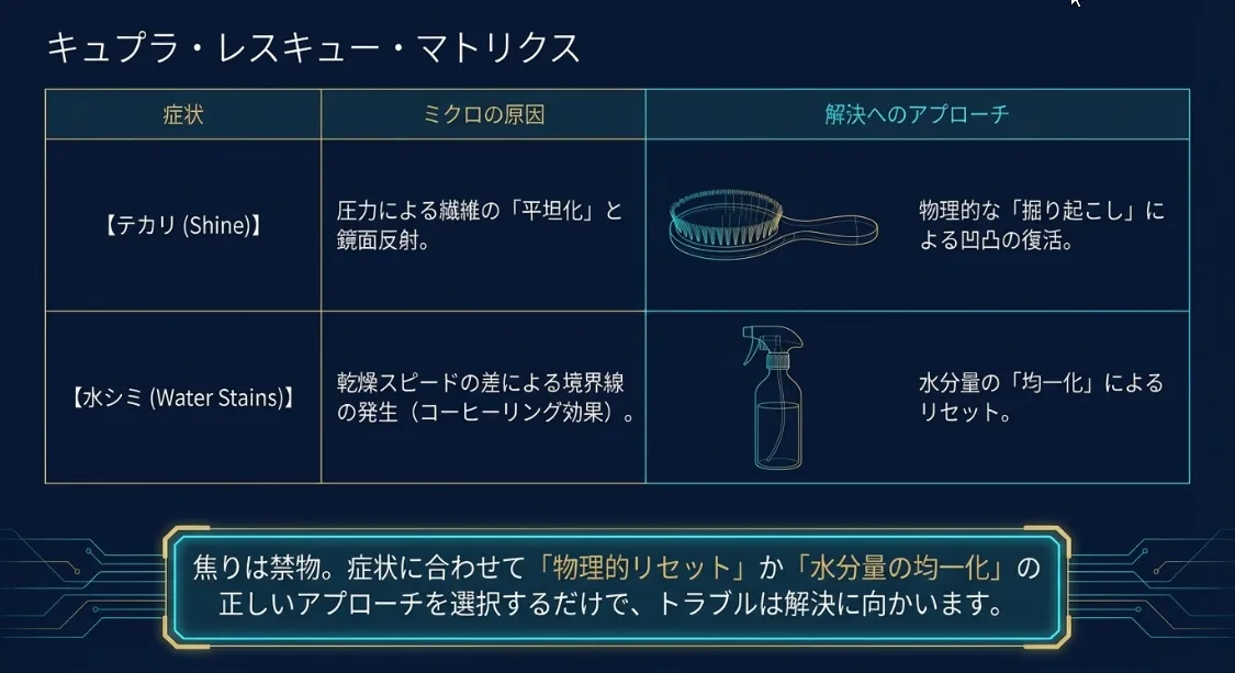 毛足の長いブラシが押し潰された繊維を優しく掘り起こす