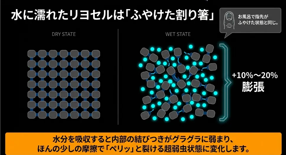 水に濡れたリヨセルは「ふやけた割り箸」と同じ弱さ