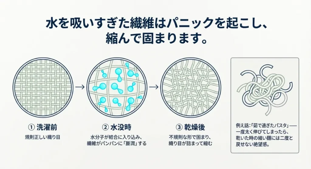 水を吸うと「パニック」に？繊維が膨らんで縮むパスタ現象