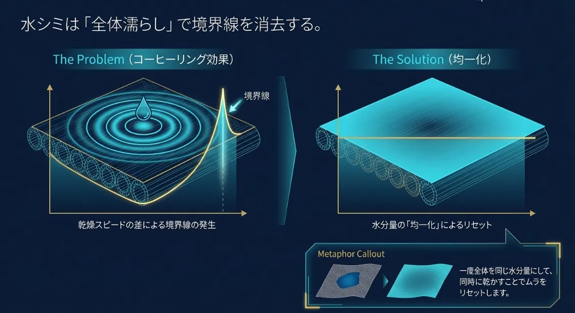 水シミの境界線は全体を均一に濡らすことで物理的に消せる