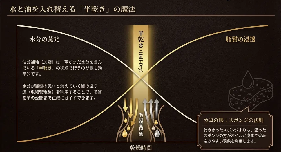 水分が蒸発する「半乾き」のタイミングでオイルを浸透させる