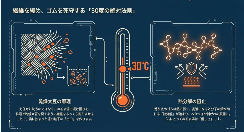 滑り止めゴムを死守！30度以下のぬるま湯が劣化を防ぐ壁