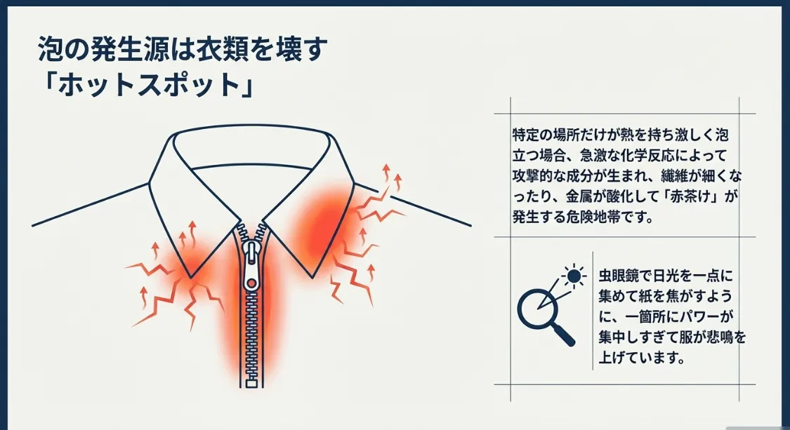 激しい泡の場所は要注意！衣類を壊す「ホットスポット」