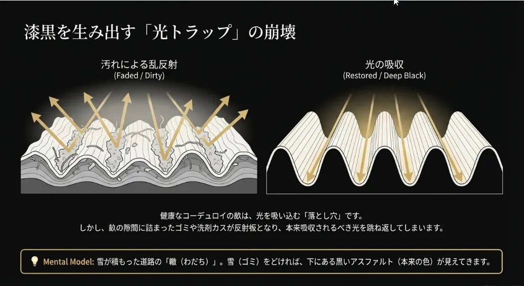 犯人は染料の脱落ではなく「畝（うね）の隙間の異物」です