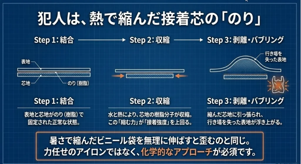生地の泡立ち「バブリング」は芯地の熱収縮が犯人です