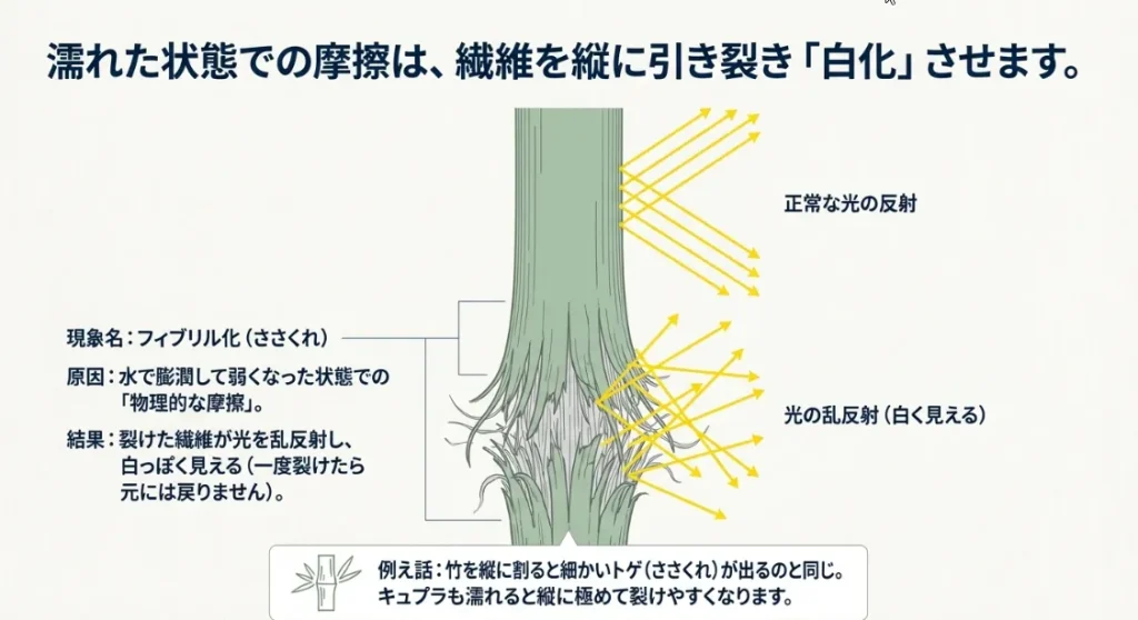 白いスジは繊維の悲鳴！摩擦で起きる「ささくれ」の正体