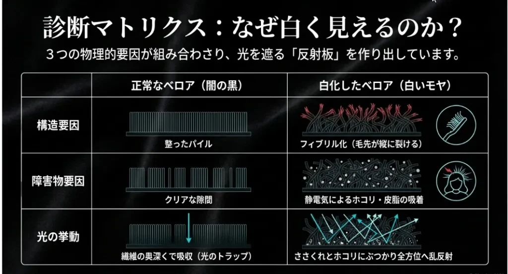 白さの正体は「毛羽立ち」！パイルの先端を整えて闇を戻す