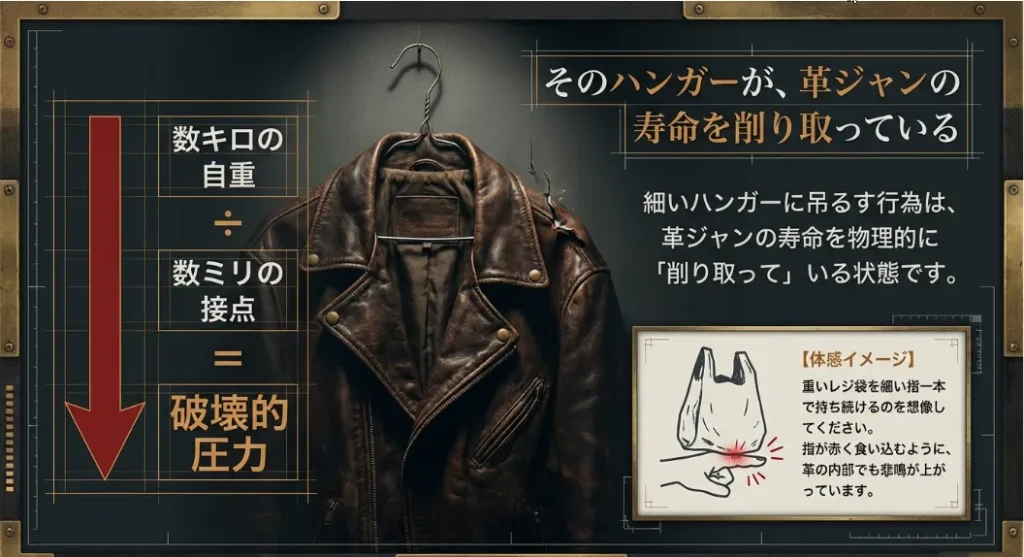 細いハンガーはNG！57mm厚で革ジャンの寿命を守る